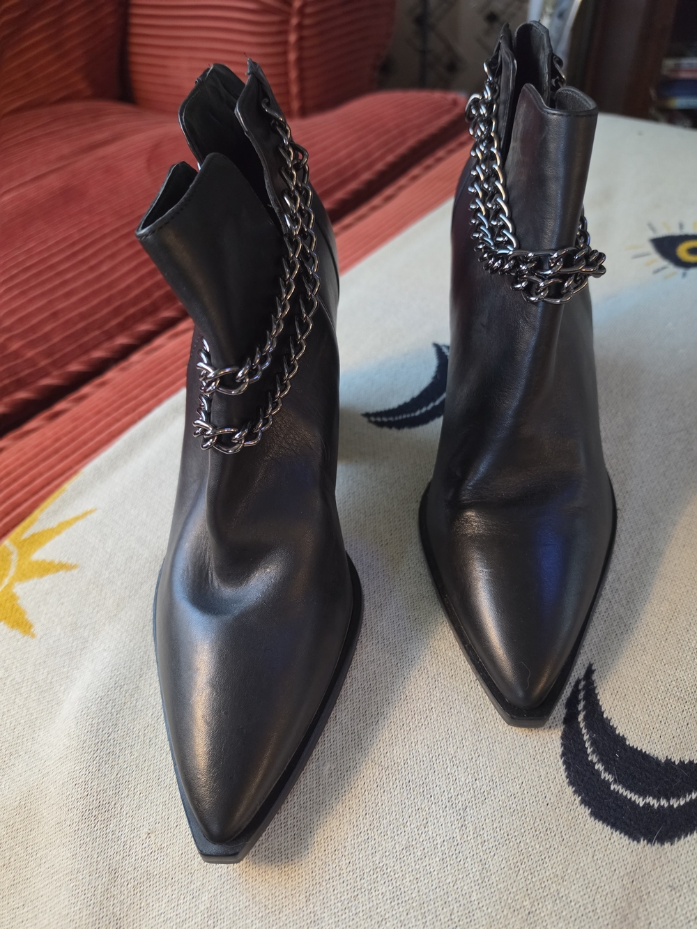 Black Pointed-Toe Chain Ankle Boots